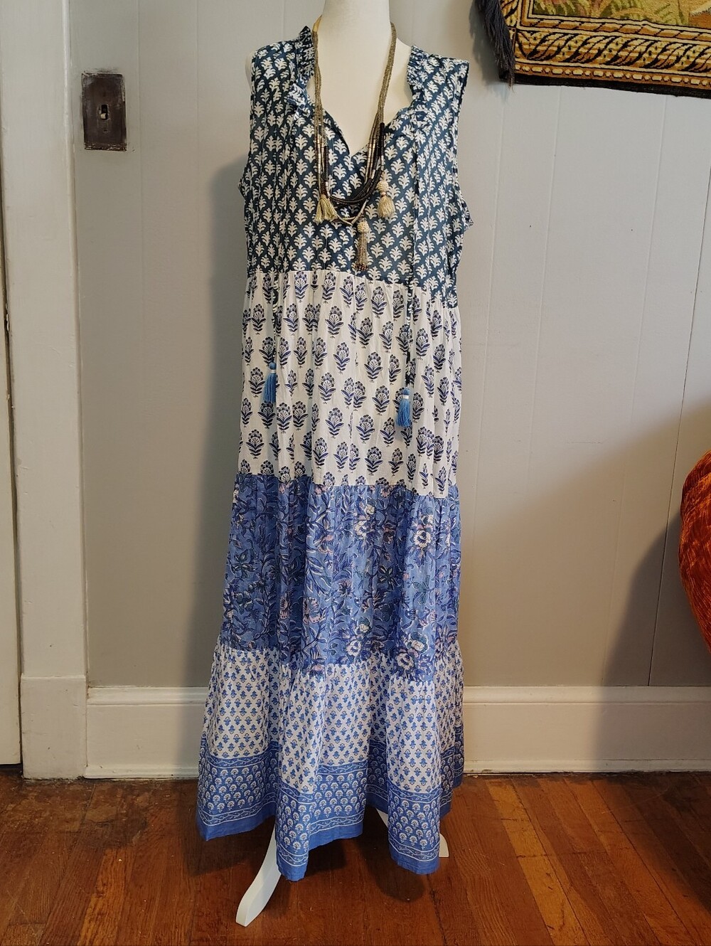 Tuckernuck Blue Maxi Sundress Floral Tiered Patchwork Cotton Size XL Long Dress